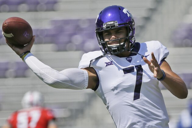 TCU quarterback Kenny Hill warms up before an NCAA college football game against SMU in Fort Worth, Texas, Saturday, Sept. 16, 2017. (AP Photo/LM Otero)