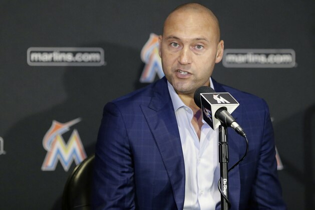 Miami Marlins owner Derek Jeter talks to reporters during a news conference, Tuesday, Oct. 3, 2017, in Miami. Jeter says he will help develop a winning culture with the Marlins that will emphasize hard work, discipline and no excuses. (AP Photo/Alan Diaz)