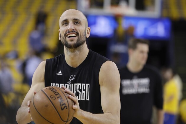 San Antonio Spurs' Manu Ginobili warms up for Game 2 of the the team's NBA basketball Western Conference final against the Golden State Warriors, Tuesday, May 16, 2017, in Oakland, Calif. (AP Photo/Marcio Jose Sanchez)