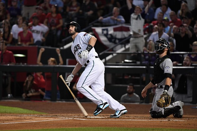 PHOENIX, AZ - OCTOBER 04:  Paul Goldschmidt #44 of the Arizona Diamondbacks watches hits a three run home run during the bottom of the first inning of the National League Wild Card game against the Colorado Rockies at Chase Field on October 4, 2017 in Phoenix, Arizona.  (Photo by Norm Hall/Getty Images)