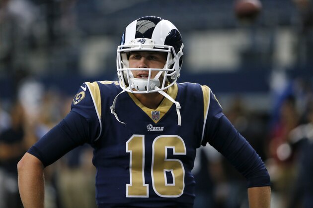 Los Angeles Rams' Jared Goff (16) participates in warm ups before an NFL football game against the Dallas Cowboys o, Sunday, Oct. 1, 2017, in Arlington, Texas. (AP Photo/Roger Steinman)