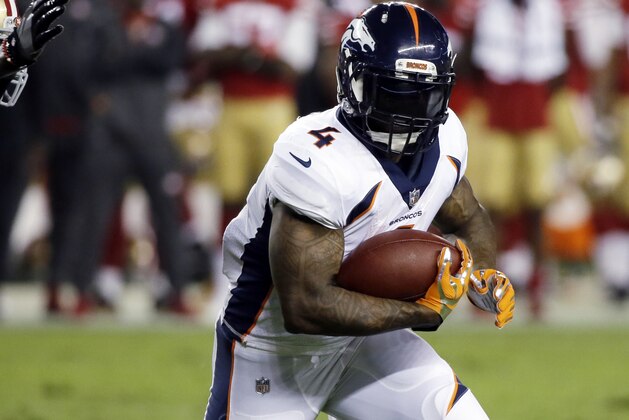 Denver Broncos running back Stevan Ridley (4) runs against the San Francisco 49ers during the second half of a preseason NFL football game Saturday, Aug. 19, 2017, in Santa Clara, Calif. (AP Photo/Eric Risberg)