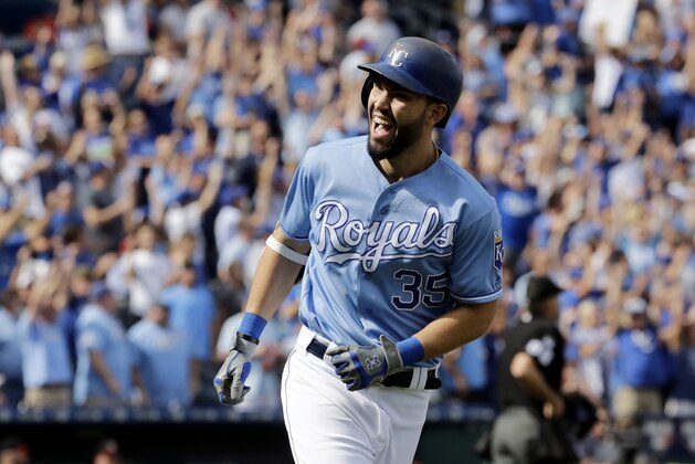 Kansas City Royals' Eric Hosmer celebrates after hitting a solo home run during the first inning of a baseball game against the Arizona Diamondbacks Sunday, Oct. 1, 2017, in Kansas City, Mo. (AP Photo/Charlie Riedel)