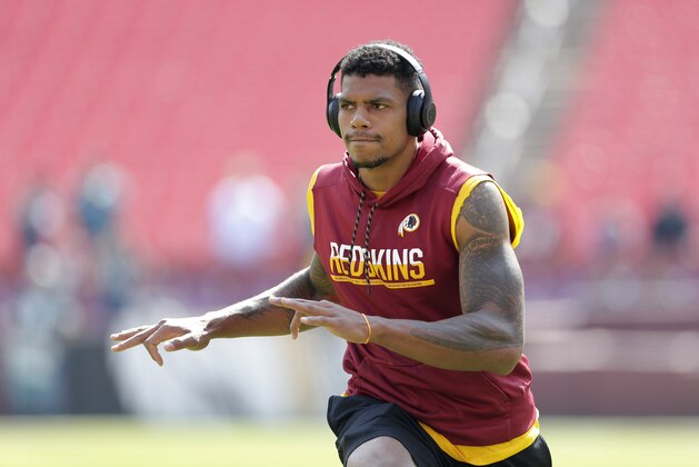 Washington Redskins wide receiver Terrelle Pryor warms up before an NFL football game against the Philadelphia Eagles, Sunday, Sept. 10, 2017, in Landover, Md. (AP Photo/Mark Tenally)