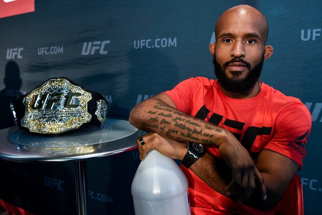 LAS VEGAS, NV - OCTOBER 04:  UFC flyweight champion Demetrious Johnson poses for a portrait  during the UFC 216 Ultimate Media Day on October 4, 2017 in Las Vegas, Nevada. (Photo by Brandon Magnus/Zuffa LLC/Zuffa LLC via Getty Images)