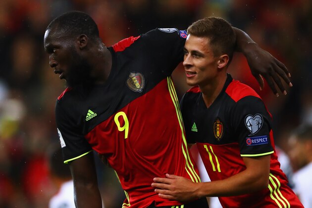 BRUSSELS, BELGIUM - AUGUST 31:  Romelu Lukaku #9 of Belgium celebrates scoring a goal with team mate Thorgan Hazard during the FIFA 2018 World Cup Qualifier between Belgium and Gibraltar at Stade Maurice Dufrasne on August 31, 2017 in Liege, Belgium.  (Photo by Dean Mouhtaropoulos/Getty Images)