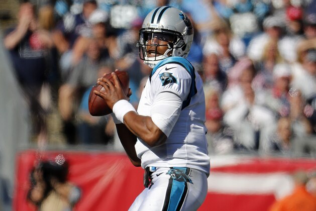 Carolina Panthers quarterback Cam Newton during an NFL football game against the New England Patriots at Gillette Stadium in Foxborough, Mass. Sunday, Oct. 1, 2017. (Winslow Townson/AP Images for Panini)