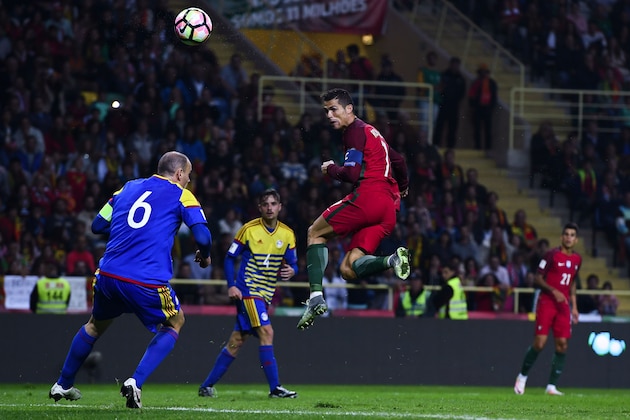 AVEIRO, PORTUGAL - OCTOBER 07:  Cristiano Ronaldo of Portugal heada the ball during the FIFA 2018 World Cup Qualifier between Portugal and Andorra at Estadio Municipal de Aveiro on October 7, 2016 in Aveiro, Portugal.  (Photo by David Ramos/Getty Images)