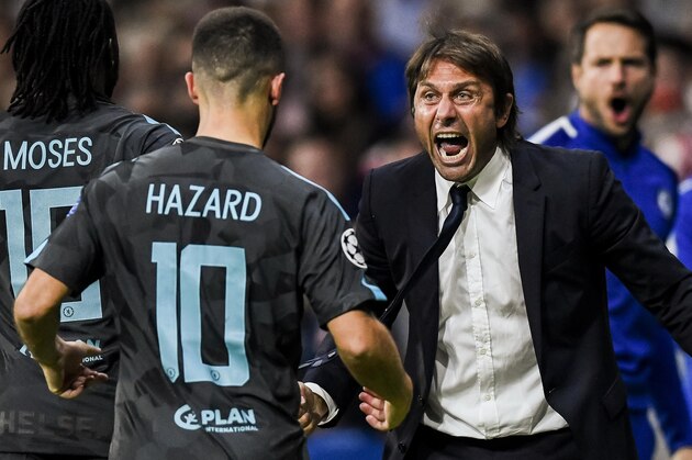 MADRID, SPAIN - SEPTEMBER 27: Coach Antonio Conte of Chelsea FC celebrates during the UEFA Champions League 2017-18 match between Atletico de Madrid and Chelsea FC at the Wanda Metropolitano on 27 September 2017, in Madrid, Spain. (Photo by Power Sport Images/Getty Images)