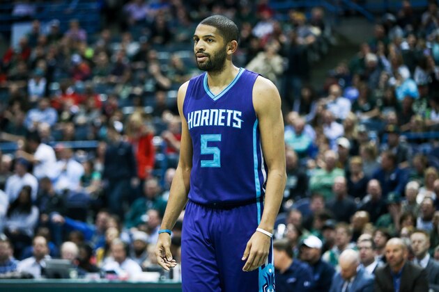 MILWAUKEE, WI - APRIL 10:  Nicolas Batum #5 of the Charlotte Hornets stands on the court in the first quarter against the Milwaukee Bucks at BMO Harris Bradley Center on April 10, 2017 in Milwaukee, Wisconsin. NOTE TO USER: User expressly acknowledges and agrees that , by downloading and or using this photograph, User is consenting to the terms and conditions of the Getty Images License Agreement. (Photo by Dylan Buell/Getty Images)