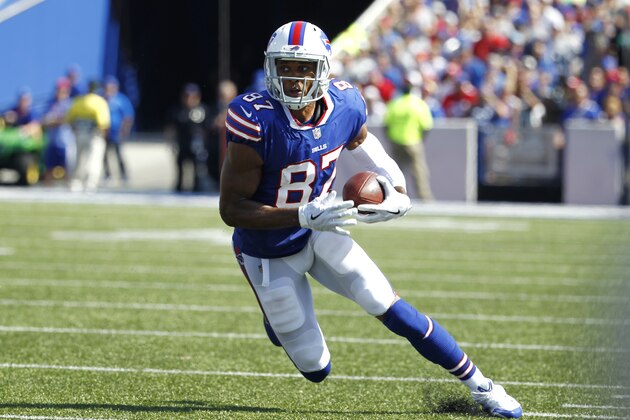 Buffalo Bills wide receiver Jordan Matthews runs with the ball against the Denver Broncos during the first half of an NFL football game, Sunday, Sept. 24, 2017, in Orchard Park, N.Y. (AP Photo/Jeffrey T. Barnes)