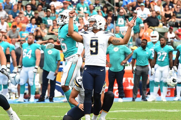 CARSON, CA - SEPTEMBER 17: Younghoe Koo #9 of the Los Angeles Chargers reacts after a field goal against Miami Dolphins during the first half of the NFL game at the StubHub Center September 17, 2017, in Carson, California. (Photo by Kevork Djansezian/Getty Images)