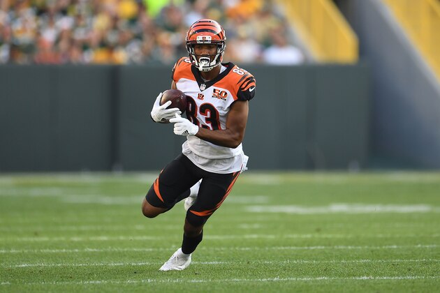 GREEN BAY, WI - SEPTEMBER 24:  Tyler Boyd #83 of the Cincinnati Bengals runs for yards during a game against the Green Bay Packers at Lambeau Field on September 24, 2017 in Green Bay, Wisconsin.  The Packers defeated the Bengals in overtime 27-24.  (Photo by Stacy Revere/Getty Images)