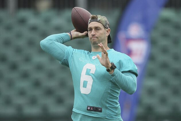 Miami Dolphins quarterback Jay Cutler throws the football during a training session at Allianz Park in London, Friday Sept. 29, 2017. The Miami Dolphins are preparing for an NFL football game against the New Orleans Saints at London's Wembley stadium on Sunday. (AP Photo/Tim Ireland)
