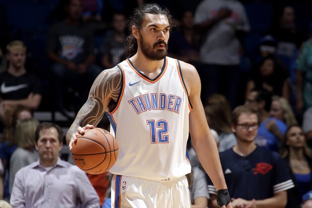 TULSA, OK- OCTOBER 3: Steven Adams #12 of the Oklahoma City Thunder handles the ball during the preseason game against the Houston Rockets on October 3, 2017 at the BOK Center in Tulsa, Oklahoma. NOTE TO USER: User expressly acknowledges and agrees that, by downloading and or using this photograph, User is consenting to the terms and conditions of the Getty Images License Agreement. Mandatory Copyright Notice: Copyright 2017 NBAE (Photo by Shane Bevel/NBAE via Getty Images)