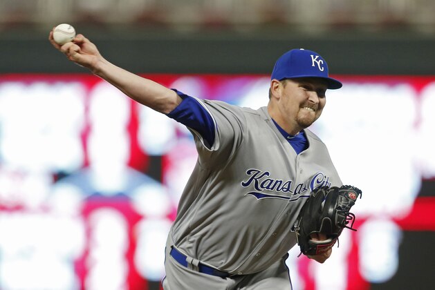 Kansas City Royals pitcher Trevor Cahill throws against the Minnesota Twins in the seventh inning of a baseball game Saturday, Sept, 2, 2017, in Minneapolis. The Twins won 17-0. (AP Photo/Jim Mone)