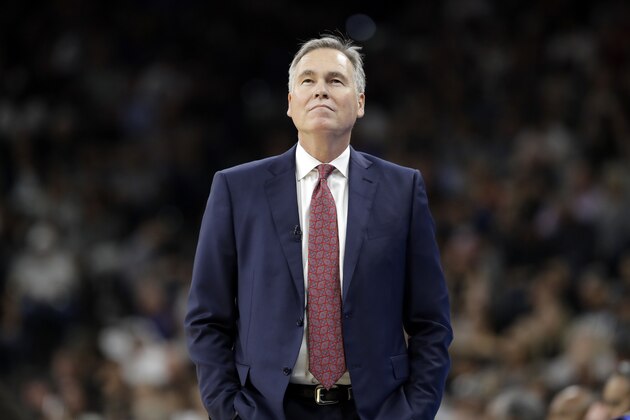 Houston Rockets head coach Mike D'Antoni watches play against the San Antonio Spurs during the first half in Game 5 of an NBA basketball second-round playoff series, Tuesday, May 9, 2017, in San Antonio. (AP Photo/Eric Gay)