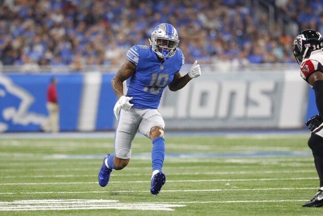 Detroit Lions wide receiver Kenny Golladay (19) runs a route against the Atlanta Falcons during an NFL football game in Detroit, Sunday, Sept. 24, 2017. Atlanta won 30-26. (AP Photo/Paul Sancya)