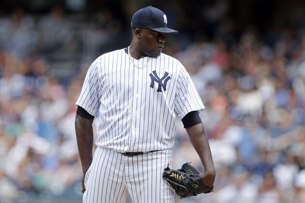NEW YORK, NY - JUNE 25: Michael Pineda #35 of the New York Yankees pitches against the Texas Rangers during the first inning at Yankee Stadium on June 25, 2017 in the Bronx borough of New York City. (Photo by Adam Hunger/Getty Images)