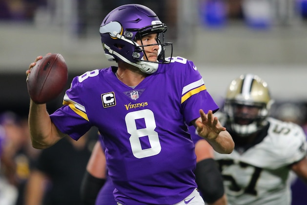 MINNEAPOLIS, MN - SEPTEMBER 11: Sam Bradford #8 of the Minnesota Vikings drops back to pass the ball in the third quarter of the game against the New Orleans Saints on September 11, 2017 at U.S. Bank Stadium in Minneapolis, Minnesota. (Photo by Adam Bettcher/Getty Images)