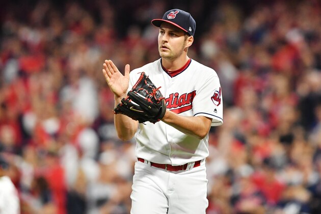 CLEVELAND, OH - OCTOBER 05: Trevor Bauer #47 of the Cleveland Indians celebrates after retiring the side in the third inning against the New York Yankees during game one of the American League Division Series at Progressive Field on October 5, 2017 in Cleveland, Ohio.  (Photo by Jason Miller/Getty Images)