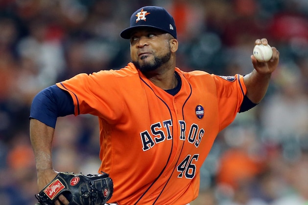 HOUSTON, TX - SEPTEMBER 15:  Francisco Liriano #46 of the Houston Astros pitches in the eighth inning against the Seattle Mariners at Minute Maid Park on September 15, 2017 in Houston, Texas.  (Photo by Bob Levey/Getty Images)
