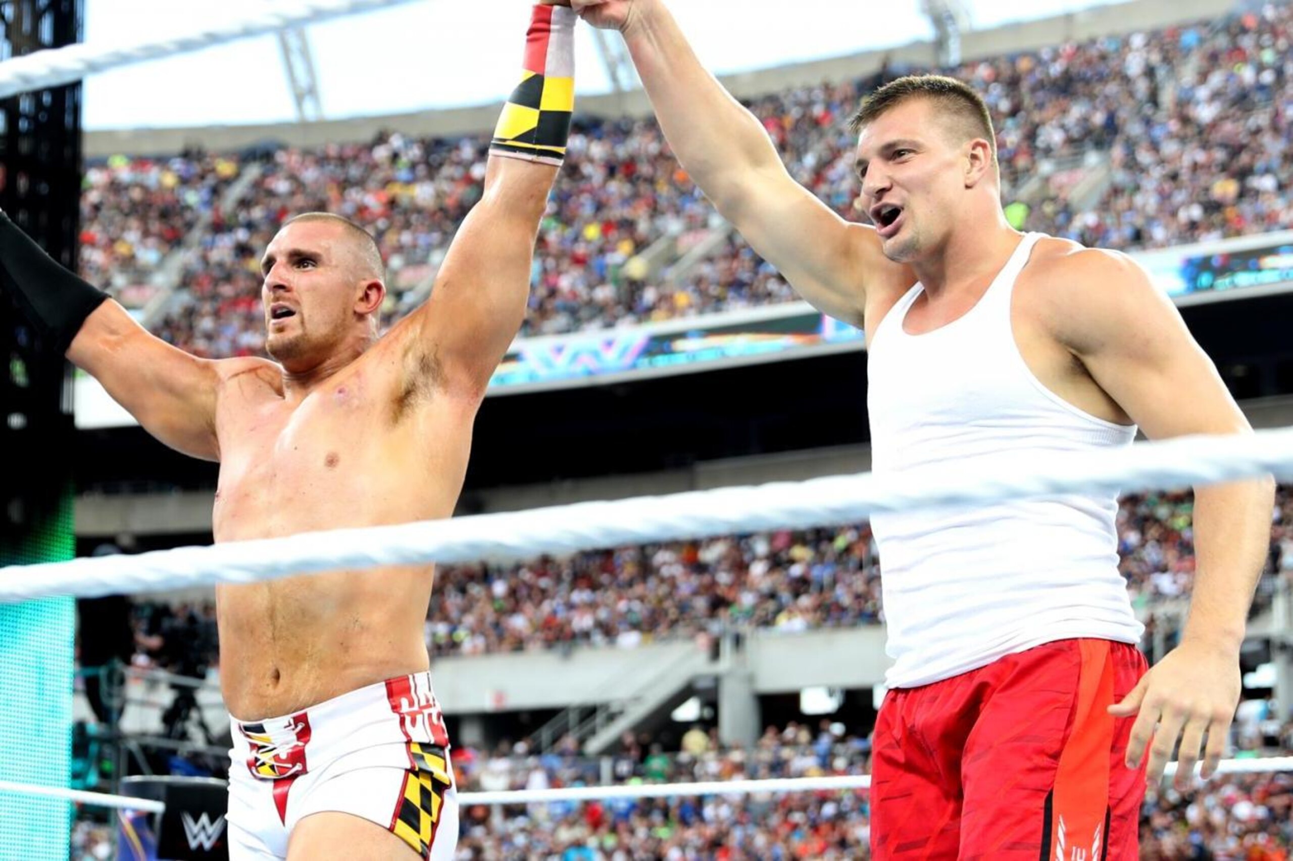 IMAGE DISTRIBUTED FOR WWE - New England Patriots tight end Rob Gronkowski delivers a body tackle to WWE Superstar Jinder Mahal during a match at WrestleMania 33 on Sunday, April 2, 2017, in Orlando, Fla. (Phelan M. Ebenhack/AP Images for WWE) IMAGE DISTRIBUTED FOR WWE - New England Patriots tight end Rob Gronkowski delivers a body tackle to WWE Superstar Jinder Mahal during a match at WrestleMania 33 on Sunday, April 2, 2017, in Orlando, Fla. (Phelan M. Ebenhack/AP Images for WWE)