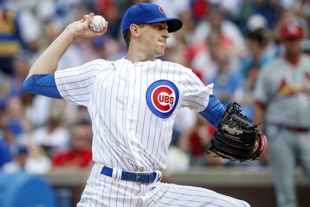 FILE - In this Sept. 16, 2017, file photo, Chicago Cubs starting pitcher Kyle Hendricks delivers against the St. Louis Cardinals during the first inning of a baseball game in Chicago. Cubs manager Joe Maddon says the 27-year-old right-hander will start Game 1 of the NL Division Series against Washington on Friday. (AP Photo/Kamil Krzaczynski, File)