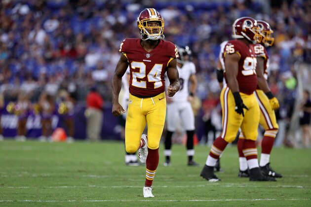 BALTIMORE, MD - AUGUST 10: Cornerback Josh Norman #24 of the Washington Redskins looks on against the Baltimore Ravens during a preseason game at M&T Bank Stadium on August 10, 2017 in Baltimore, Maryland.  (Photo by Rob Carr/Getty Images)