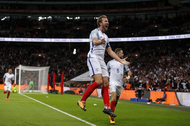 England's Harry Kane celebrates after scoring the opening goal of his team during the World Cup Group F qualifying soccer match between England and Slovenia at Wembley stadium in London, Thursday, Oct. 5, 2017. England won 1-0. (AP Photo/Frank Augstein)