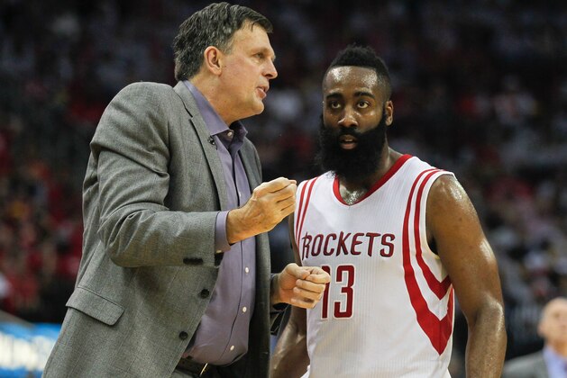 HOUSTON, TX - APRIL 21:  Head coach Kevin McHale of the Houston Rockets talks with James Harden #13 during Game Two of the Western Conference Quarterfinals of the 2015 NBA Playoffs at Toyota Center on April 21, 2015 in Houston, Texas. NOTE TO USER: User expressly acknowledges and agrees that, by downloading and/or using this photograph, user is consenting to the terms and conditions of the Getty Images License Agreement.  (Photo by Bob Levey/Getty Images)