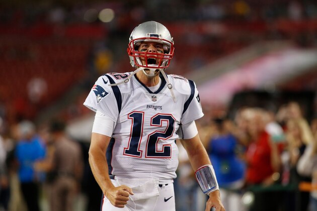 TAMPA, FL - OCTOBER 5:  Quarterback Tom Brady #12 of the New England Patriots screams on the field before the start of an NFL football game against the Tampa Bay Buccaneers on October 5, 2017 at Raymond James Stadium in Tampa, Florida. (Photo by Brian Blanco/Getty Images)