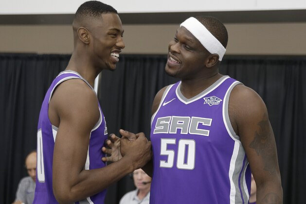 Sacramento Kings rookie forward Harry Giles, left, jokes with Zach Randolph during the NBA basketball team's media day Monday, Sept. 25, 2017, in Sacramento, Calif. (AP Photo/Rich Pedroncelli)