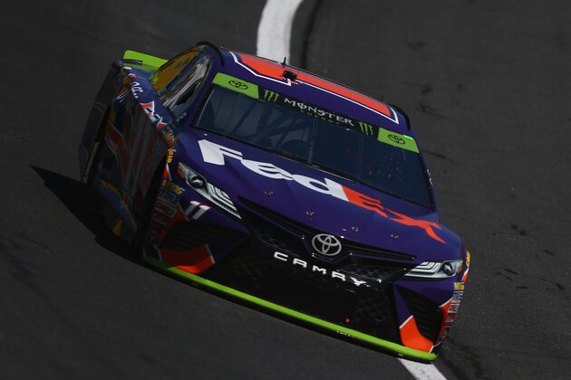 CHARLOTTE, NC - OCTOBER 06:  Denny Hamlin, driver of the #11 FedEx Office Toyota, drives during practice for the Monster Energy NASCAR Cup Series Bank of America 500 at Charlotte Motor Speedway on October 6, 2017 in Charlotte, North Carolina.  (Photo by Sarah Crabill/Getty Images)