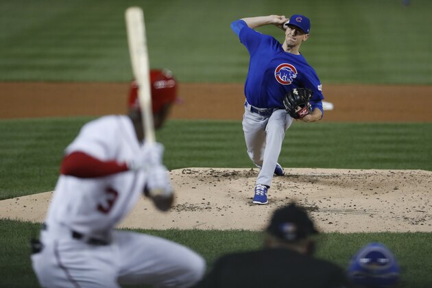 WASHINGTON, DC - OCTOBER 06: kyle Hendricks #28 of the Chicago Cubs delivers a pitch against the Washington Nationals in the third inning during Game One of the National League Division Series at Nationals Park on October 6, 2017 in Washington, DC. (Photo by Pool/Getty Images)