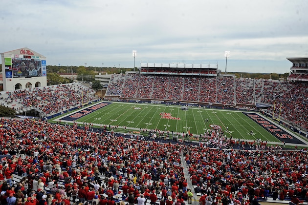 Mississippi's Vaught-Hemingway stadium is seen during the second half of an NCAA college football game between Mississippi and Presbyterian in Oxford, Miss., Saturday, Nov. 8, 2014. No. 12 Mississippi won 48-0.  (AP Photo/Thomas Graning)