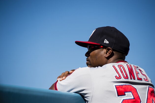 LOS ANGELES, CA - OCTOBER 11:  Assistant hitting coach Jacque Jones #24 of the Washington Nationals looks on against the Los Angeles Dodgers during game four of the National League Division Series at Dodger Stadium on October 11, 2016 in Los Angeles, California. (Photo by Patrick McDermott/Washington Nationals/Getty Images)