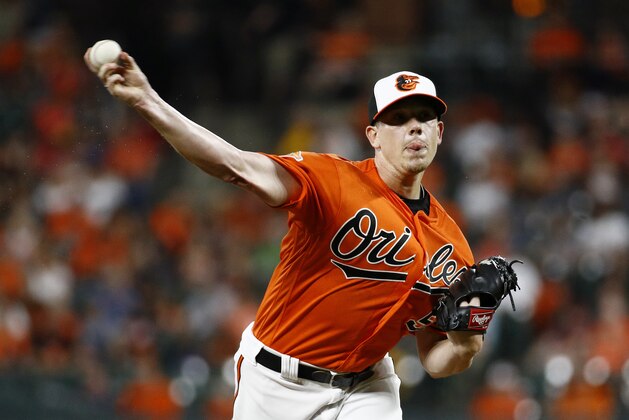 Baltimore Orioles starting pitcher Jeremy Hellickson throws to the Tampa Bay Rays in the first inning of a baseball game in Baltimore, Saturday, Sept. 23, 2017. (AP Photo/Patrick Semansky)