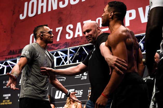 LAS VEGAS, NV - OCTOBER 06:  (L-R) Tony Ferguson and Kevin Lee face off during the UFC 216 weigh-in inside T-Mobile Arena on October 6, 2017 in Las Vegas, Nevada. (Photo by Brandon Magnus/Zuffa LLC/Zuffa LLC via Getty Images)