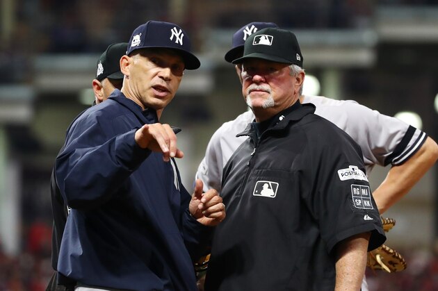 CLEVELAND, OH - OCTOBER 06:  Joe Girardi #28 of the New York Yankees argues a call in the tenth inning against the Cleveland Indians during game two of the American League Division Series at Progressive Field on October 6, 2017 in Cleveland, Ohio.  (Photo by Gregory Shamus/Getty Images)