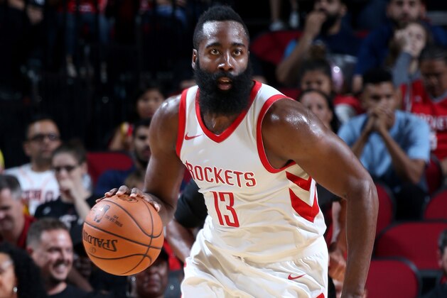 HOUSTON, TX - OCTOBER 5: James Harden #13 of the Houston Rockets handles the ball during the preseason game against the Shanghai Sharks  on October 5, 2017 at the Toyota Center in Houston, Texas. NOTE TO USER: User expressly acknowledges and agrees that, by downloading and or using this photograph, User is consenting to the terms and conditions of the Getty Images License Agreement. Mandatory Copyright Notice: Copyright 2017 NBAE (Photo by Layne Murdoch/NBAE via Getty Images)