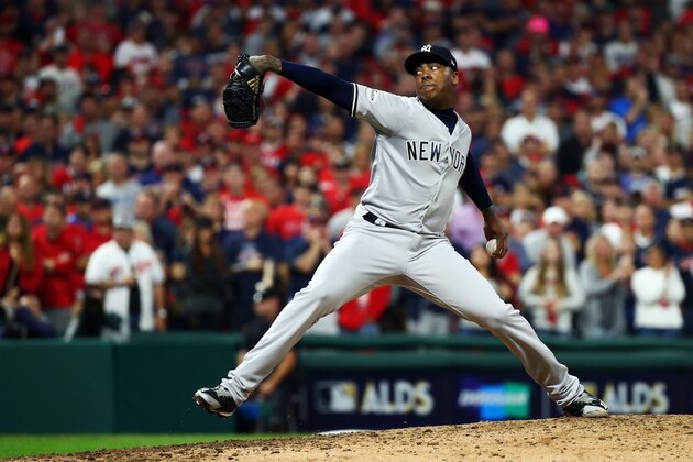 CLEVELAND, OH - OCTOBER 06:  Aroldis Chapman #54 of the New York Yankees pitches in the ninth inning against the Cleveland Indians during game two of the American League Division Series at Progressive Field on October 6, 2017 in Cleveland, Ohio.  (Photo by Gregory Shamus/Getty Images)