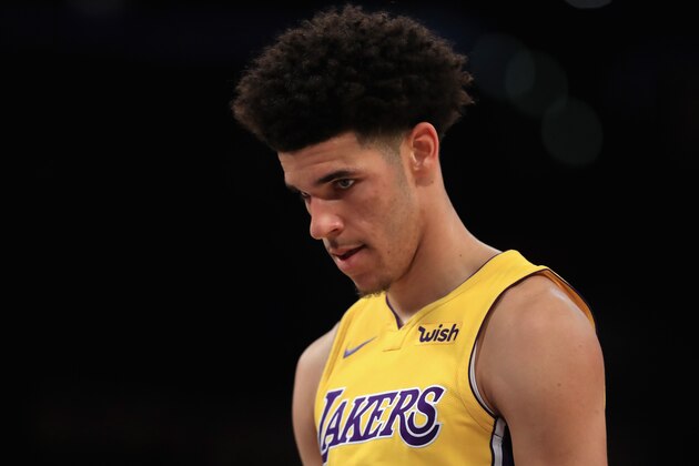 LOS ANGELES, CA - OCTOBER 02:  Lonzo Ball #2 of the Los Angeles Lakers looks on during the first half of a preseason game against the Denver Nuggets at Staples Center on October 2, 2017 in Los Angeles, California.  NOTE TO USER: User expressly acknowledges and agrees that, by downloading and or using this Photograph, user is consenting to the terms and conditions of the Getty Images License Agreement  (Photo by Sean M. Haffey/Getty Images)