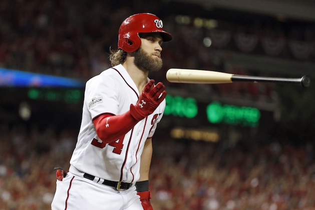 Washington Nationals' Bryce Harper flips the bat after hitting his two-run home run in the eighth inning in Game 2 of baseball's National League Division Series against the Chicago Cubs, at Nationals Park, Saturday, Oct. 7, 2017, in Washington. (AP Photo/Alex Brandon) Washington Nationals' Bryce Harper flips the bat after hitting his two-run home run in the eighth inning in Game 2 of baseball's National League Division Series against the Chicago Cubs, at Nationals Park, Saturday, Oct. 7, 2017, in Washington. (AP Photo/Alex Brandon)