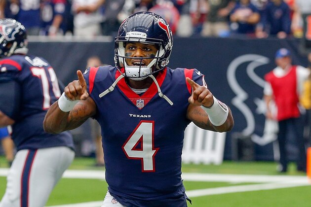 HOUSTON, TX - OCTOBER 01:  Deshaun Watson #4 of the Houston Texans celebrates his touchdown run with Bruce Ellington #12 and Lamar Miller #26 against the Tennessee Titans at NRG Stadium on October 1, 2017 in Houston, Texas. Houston won 57-14.  (Photo by Bob Levey/Getty Images)