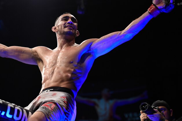LAS VEGAS, NV - OCTOBER 07:   Tony Ferguson celebrates after his submission victory over Kevin Lee in their interim UFC lightweight championship bout during the UFC 216 event inside T-Mobile Arena on October 7, 2017 in Las Vegas, Nevada. (Photo by Brandon Magnus/Zuffa LLC/Zuffa LLC via Getty Images)