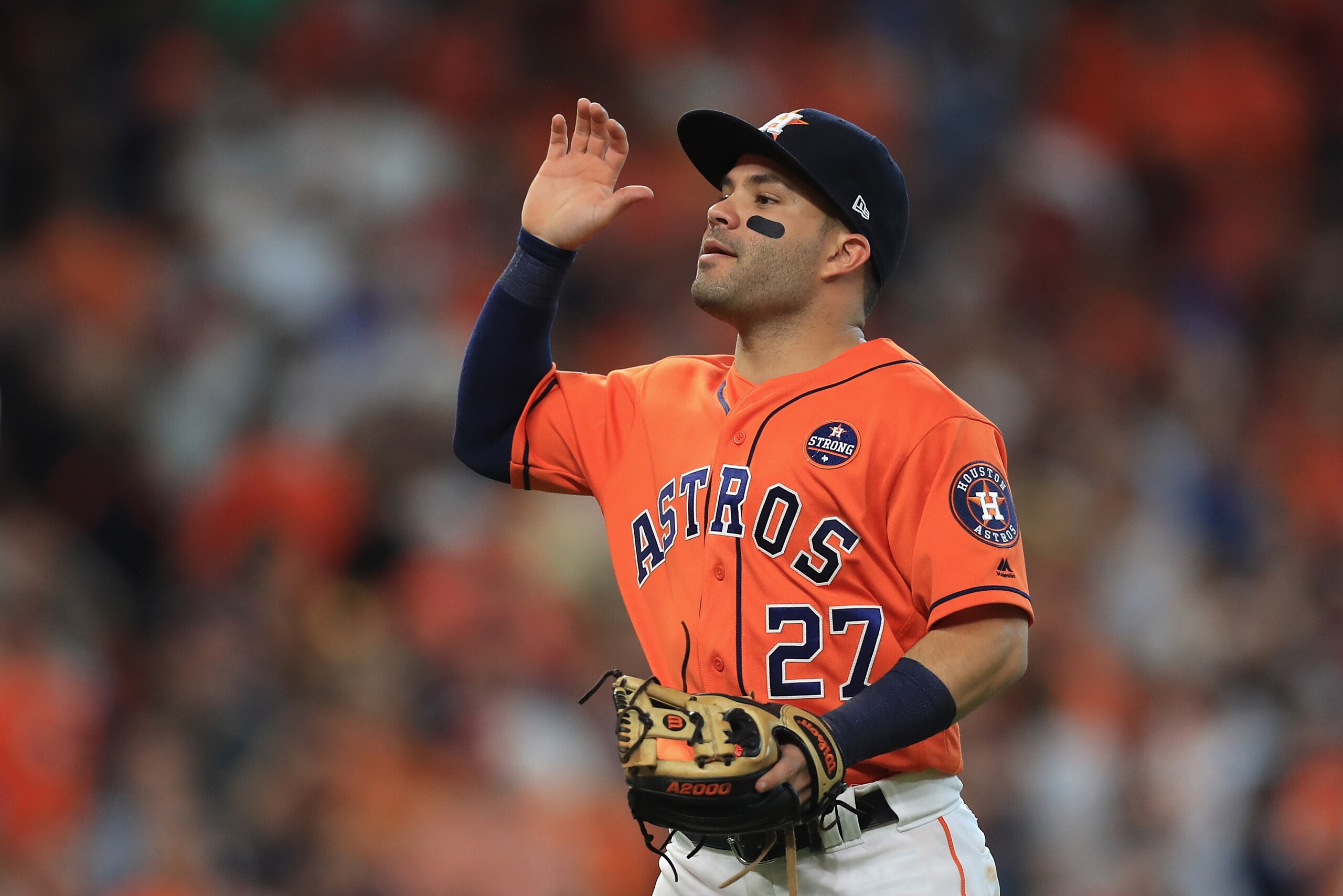 HOUSTON, TX - OCTOBER 06:  Jose Altuve #27 of the Houston Astros celebrates defeating the Boston Red Sox 8-2 in game two of the American League Division Series at Minute Maid Park on October 6, 2017 in Houston, Texas.  (Photo by Ronald Martinez/Getty Images)