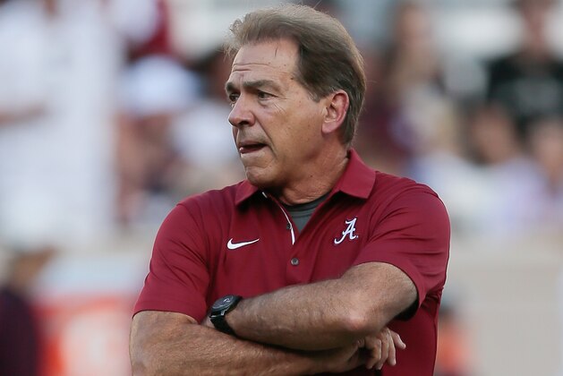 COLLEGE STATION, TX - OCTOBER 07:  Head coach Nick Saban of the Alabama Crimson Tide looks on during pre-game warmups before playing the Texas A&M Aggies  at Kyle Field on October 7, 2017 in College Station, Texas.  (Photo by Bob Levey/Getty Images)