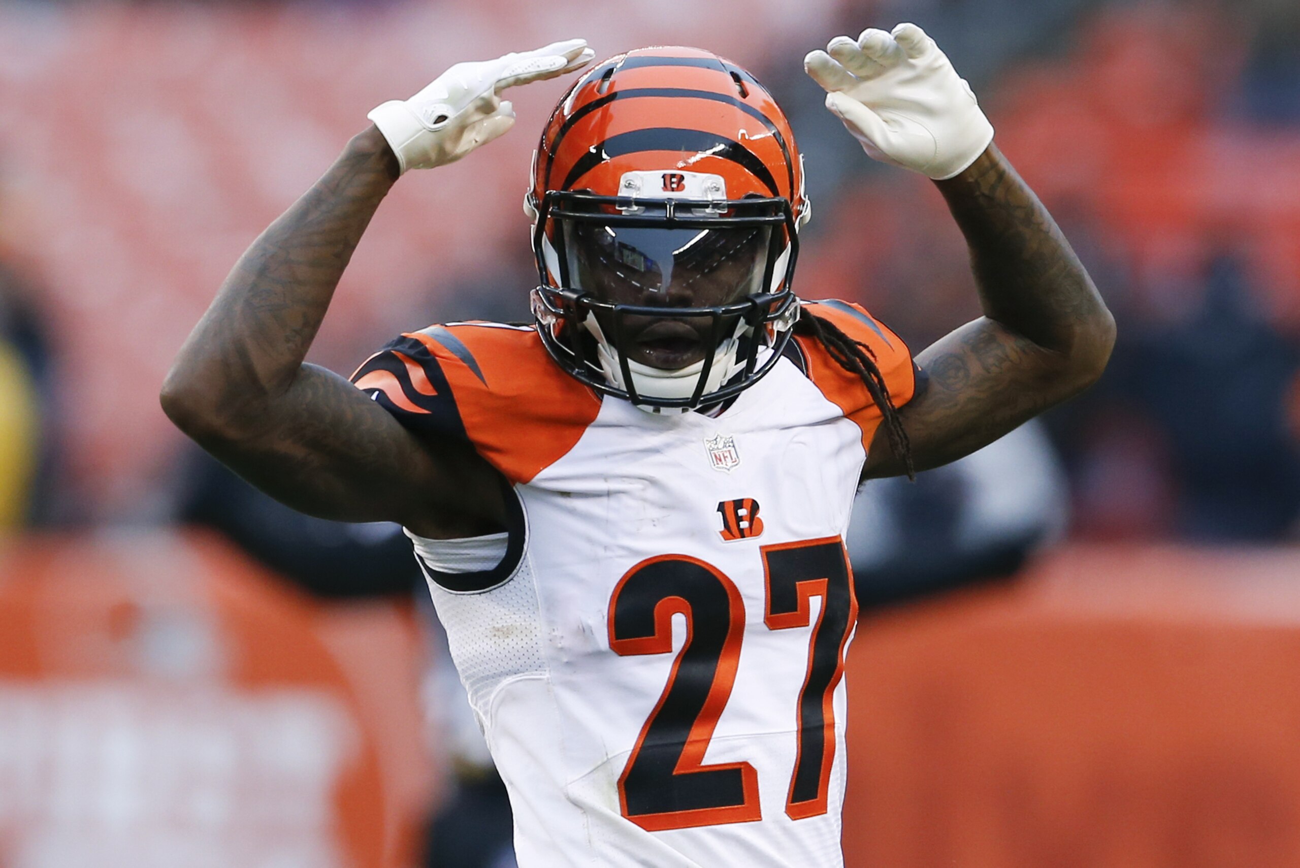 Cincinnati Bengals cornerback Dre Kirkpatrick (27) celebrates against the Cleveland Browns in the second half of an NFL football game, Sunday, Dec. 11, 2016, in Cleveland. (AP Photo/Ron Schwane)