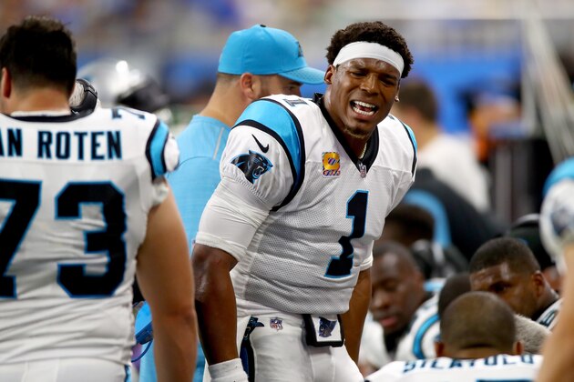 DETROIT, MI - OCTOBER 08: Quarterback Cam Newton #1 of the Carolina Panthers talks to his team on the sideline against the Detroit Lions during the first half at Ford Field on October 8, 2017 in Detroit, Michigan. (Photo by Gregory Shamus/Getty Images)